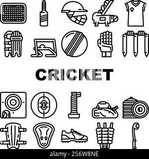 Icônes d'accessoire de jeu de sport de cricket Set vecteur. Ballon de cricket et chauve-souris, grille et équipement de bras latéraux, casque de protection du joueur et bandage de protection des jambes, chandail et botte. Illustrations de contour noir. Icônes d'accessoire de jeu de sport de cricket Set vecteur Illustration de Vecteur