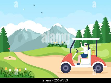 Jouer au sport de golf avec des drapeaux, du sable, du sable et de l'équipement sur l'extérieur Yard Green plantes dans un dessin-fond plat Illustration de Vecteur