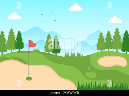 Jouer au sport de golf avec des drapeaux, du sable, du sable et de l'équipement sur l'extérieur Yard Green plantes dans un dessin-fond plat Illustration de Vecteur