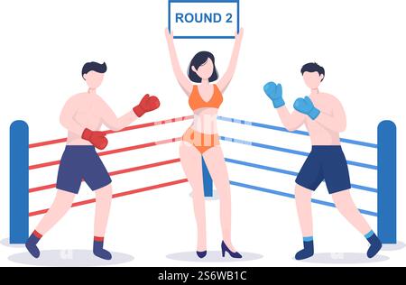 Sport de boxe professionnel porter Boxer, bague, ceinture, sacs de poinçon, gants rouges et casque lors de la compétition, du sparring ou de la pratique dans Flat Cartoon illustration Illustration de Vecteur