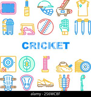 Icônes d'accessoire de jeu de sport de cricket Set vecteur. Ballon de cricket et chauve-souris, grille et équipement de bras latéraux, casque de protection du joueur et bandage de protection des jambes, chandail et botte. Illustrations en couleur. Icônes d'accessoire de jeu de sport de cricket Set vecteur Illustration de Vecteur