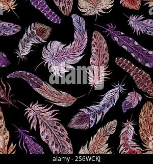 Broderie de plumes. Imprimé plumes exotiques, oiseaux mode éléments ethniques. Plumage décoratif de beauté, tapisserie de point de nos jours, motif sans couture vectoriel. Illustration d'oiseau exotique d'ornement coloré. Broderie de plumes. Imprimé plumes exotiques, oiseaux mode éléments ethniques. Plumage décoratif de beauté, tapisserie de point de nos jours, motif sans couture vectoriel Illustration de Vecteur