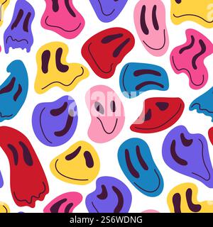 Motif de fusion de face. Visages de drogue heureux, fond rétro techno exotique. Portraits psychédéliques drôles, impression textile des années 70. Texture sans couture vectorielle hippie surréaliste. Illustration de l'expression faciale répétable. Motif de fusion de face. Visages de drogue heureux, fond rétro techno exotique. Portraits psychédéliques drôles, impression textile des années 70. Texture transparente vectorielle décente hippie surréaliste Illustration de Vecteur