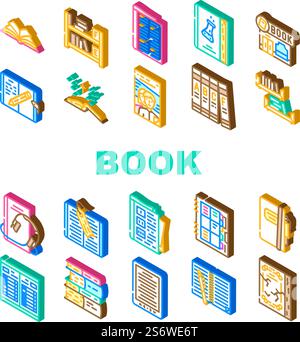 Livre et Magazine appuyez pour lire icônes Set Vector. Accessoire de marque-page pour la lecture Encyclopédie et Sainte Bible, Carnet de journal, livres audio éducatifs et électroniques Isomtric Sign Color illustrations. Livre et Magazine appuyez pour lire icônes Set Vector Illustration de Vecteur