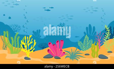 Fond sous-marin avec des silhouettes d'algues et de poissons. Vie marine, océan, mer ou monde fluvial. Illustration vectorielle de plantes d'algues de dessin animé. Sous-marin avec algues et récif. Fond sous-marin avec des silhouettes d'algues et de poissons. Vie marine, océan, mer ou monde fluvial. Illustration vectorielle de plantes d'algues de dessin animé Illustration de Vecteur