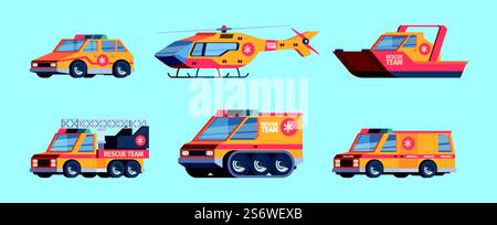 Voitures de sauvetage. Sauveteurs techniques véhicules d'urgence et hélicoptères ambulance paramédc ambulance hôpital rapide camions vecteur ensemble plat. Illustration d'une voiture de sauvetage, d'une machine de réanimation et de mobilité. Voitures de sauvetage. Sauveteurs techniques véhicules d'urgence et hélicoptères ambulance paramédical hôpital camions rapides Gish vecteur images plates ensemble isolé Illustration de Vecteur