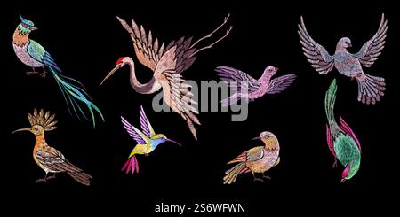 Oiseaux à broder. Brodez des patchs oiseau, des éléments asiatiques orientaux brodés. Avalez, grue et colibris. Voler sur des ailes, maintenant vecteur set. Illustration de décor de broderie d'oiseaux. Oiseaux à broder. Brodez des patchs oiseau, des éléments asiatiques orientaux brodés. Avalez, grue et colibris. Voler sur des ailes, maintenant vecteur set Illustration de Vecteur