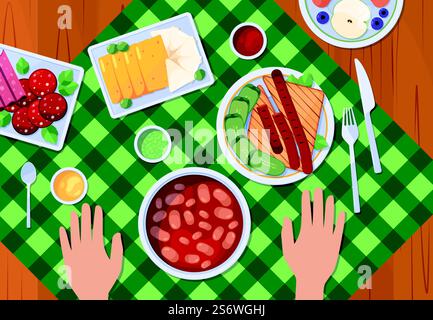 Mains avec vue de dessus de nourriture. Les humains mangeant des produits de petit-déjeuner sur les plats de table menu des œufs repas boissons chaudes avec le thé au lait légumes fruits jarish illustrations vectorielles. Vue sur le dessus table déjeuner avec nourriture. Mains avec vue de dessus de nourriture. Les humains mangeant des produits de petit-déjeuner sur les plats de table menu des œufs repas boissons chaudes avec le thé au lait légumes fruits jarish illustrations vectorielles Illustration de Vecteur