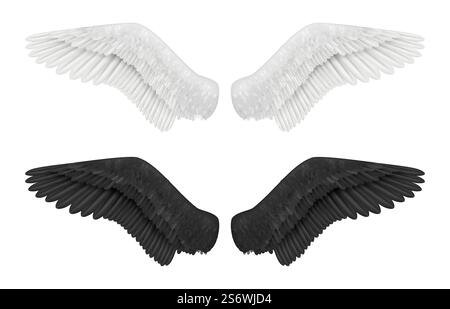 Ailes blanches et noires. Ange et démon ailes oiseaux plumes gothiques symboles volants décents vecteur images réalistes. Illustration d'ailes d'oiseau ange noir et blanc. Ailes blanches et noires. Ange et démon ailes oiseaux plumes gothiques symboles volants décents vecteur images réalistes Illustration de Vecteur