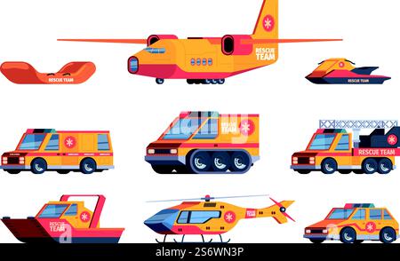Voitures de sauvetage. Service de sauveteur de transport d'accident machines d'ambulance rapides ouvriers de vol hélicoptères d'hôpital vectoriels ensemble d'illustrations plates. Avion et scooter d'urgence, hélicoptère et bateau. Voitures de sauvetage. Service de sauveteur de transport d'accident machines d'ambulance rapides ouvriers de vol hélicoptères d'hôpital Garish vecteur d'illustrations plates ensemble Illustration de Vecteur