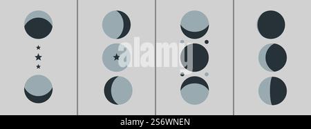 Affiches abstraites de phases de lune. Art contemporain à la mode, cartes vectorielles de décorations bohèmes. Illustration des phases de lune d'astrologie, modèle de phase. Affiches abstraites de phases de lune. Art contemporain à la mode, cartes vectorielles de décorations bohèmes Illustration de Vecteur