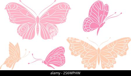 Silhouettes de papillon. Papillons de couleur pêche rose. Insectes volants isolés. Caractères jokers imprimés décoratifs. Printemps, ensemble de vecteur saisonnier d'été. Illustration de la silhouette rose papillon. Silhouettes de papillon. Papillons de couleur pêche rose. Insectes volants isolés. Caractères jokers imprimés décoratifs. Printemps, ensemble de vecteur saisonnier d'été Illustration de Vecteur