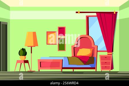 Intérieur coloré. Chambre moderne avec lit Relax place avec matelas Garish vectoriel fond de bande dessinée. Illustration de la chambre intérieure avec lit et chevet. Intérieur coloré. Chambre moderne avec lit Relax place avec matelas Garish vectoriel fond de bande dessinée Illustration de Vecteur