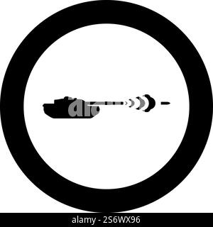 Réservoir tir projectile obus militaire fumant après coup de guerre icône de concept de bataille en cercle rond noir illustration vectorielle image plein contour style simple. Char tir projectile obus militaire fumant après l'icône de concept de bataille de guerre de tir en cercle rond noir illustration vectorielle image de contour solide Illustration de Vecteur