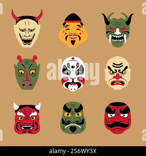 Masque asiatique. Masques de théâtre japonais authentiques tatouage face au loup et au renard dessin animé fille art femme vecteur récent illustration plate stylisée. Culture traditionnelle asiatique, carnaval coloré chine masques. Masque asiatique. Masques de théâtre japonais authentiques tatouage face au loup et au renard dessin animé fille art femme illustrations plates vectorielles récentes stylisées Illustration de Vecteur