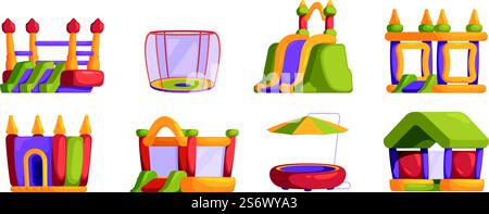 Trampolines basculantes. Châteaux gonflables et événements sportifs de trampoline de saut de divertissement pour les personnages joyeux gais illustrations plates vectorielles. Château gonflable au trampoline de jeu. Trampolines basculantes. Châteaux gonflables et événements sportifs de trampoline de saut de divertissement pour les personnages joyeux gais illustrations plates vectorielles Illustration de Vecteur