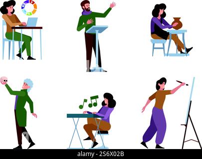 Professions créatives. Acteurs artistes photographes musiciens programmeurs peintres créatifs travaillant des personnes à plat vectorielles épouvantables isolées. Illustration de profession d'artiste, acteur et musicien. Professions créatives. Acteurs artistes photographes musiciens programmeurs peintres créatifs travaillant des personnes à plat vectorielles épouvantables isolées Illustration de Vecteur