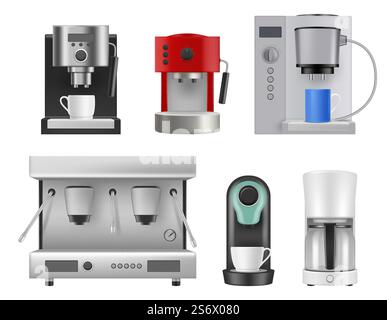 Machines à café. Articles de cuisine pour préparer des boissons chaudes cappuchino et espresso liquides produits décent vecteur réaliste. Illustration de l'appareil de cuisine pour la préparation des boissons. Machines à café. Articles de cuisine pour la préparation de boissons chaudes cappuchino et espresso liquides produits décent vecteur réaliste ensemble isolé Illustration de Vecteur
