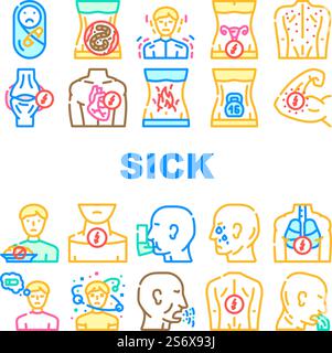 Vecteur d'ensemble d'icônes de problèmes de santé et d'allergies. Enfants douleur et mal de dos malade, brûlure dans l'estomac et sensation de lourdeur, maux de gorge et maladie de désorientation illustrations en couleur. Vecteur d'ensemble d'icônes de problèmes de santé et d'allergies Illustration de Vecteur