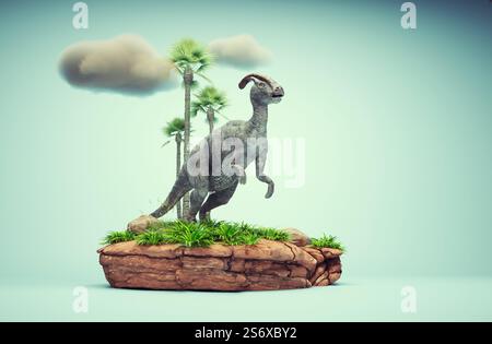 Scène de présentation conceptuelle d'un Parasaurolophus. Dinosaure d'Ornithopode de la période du crétacé tardif. Il s'agit d'une illustration de rendu 3D Banque D'Images