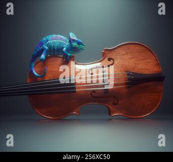 Un caméléon coloré est assis sur un violon. Il s'agit d'une illustration de rendu 3D. Banque D'Images