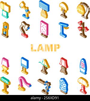 Équipement de lampe pour illuminer le vecteur d'ensemble d'icônes. Vintage et moderne lampe LED outil électrique pour illuminer la pièce, la table de lit et le bureau de l'espace de travail Elegant Light Technology illustrations couleur. Équipement de lampe pour illuminer le vecteur d'ensemble d'icônes Illustration de Vecteur