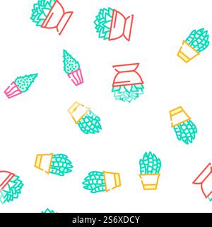 Plantes en pot et accessoires d'entretien Vector Seamless Pattern Color Line illustration. Vecteur d'ensemble d'icônes de plantes en pot et d'accessoires de soins Illustration de Vecteur