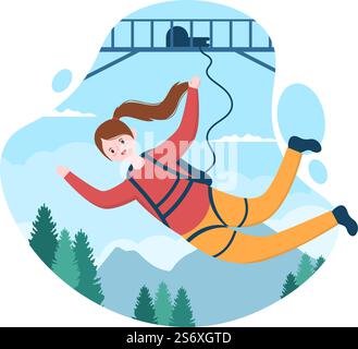 Saut à l'élastique des personnes attachées avec un corde élastique tombant après un saut à partir d'une hauteur dans le dessin animé de sport extrême Illustration de Vecteur