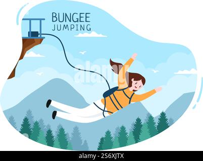 Saut à l'élastique des personnes attachées avec un corde élastique tombant après un saut à partir d'une hauteur dans le dessin animé de sport extrême Illustration de Vecteur