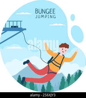 Saut à l'élastique des personnes attachées avec un corde élastique tombant après un saut à partir d'une hauteur dans le dessin animé de sport extrême Illustration de Vecteur