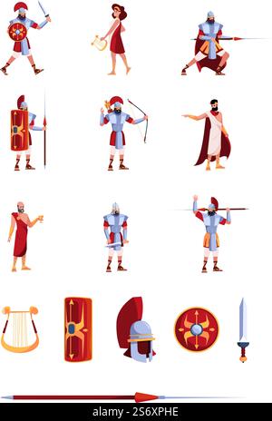 Objets anciens. Casques grecs armes papirus Golden Cup colonnes rome personnages médiévaux écrivains gardent collection historique vecteur. Illustration de la personne historique de la grèce antique. Objets anciens. Casques grecs armes papirus Golden Cup colonnes rome personnages médiévaux écrivains gardent collection historique vecteur Illustration de Vecteur
