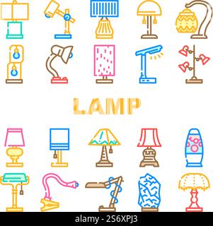 Équipement de lampe pour illuminer le vecteur d'ensemble d'icônes. Vintage et moderne lampe LED outil électrique pour illuminer la pièce, la table de lit et le bureau de l'espace de travail Elegant Light Technology illustrations couleur. Équipement de lampe pour illuminer le vecteur d'ensemble d'icônes Illustration de Vecteur