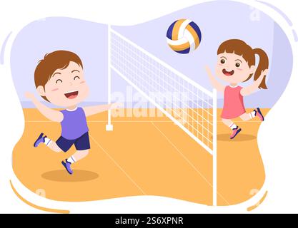 Joueur de volley-ball sur l'attaque pour la série de compétition de sport intérieur dans plat mignon enfants dessin animé Illustration de Vecteur