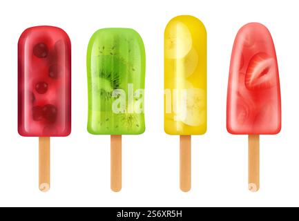 Fruits congelés. Délicieux sorbet à la crème glacée sur les jus de banane kiwi baies de bâton à partir de glace décent vecteur illustrations réalistes. Crème glacée froide d'été, délicieuse glace alimentaire. Fruits congelés. Délicieux sorbet à la crème glacée sur les jus de banane kiwi baies de bâton à partir de glace décent vecteur illustrations réalistes Illustration de Vecteur