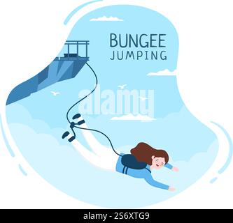 Saut à l'élastique des personnes attachées avec un corde élastique tombant après un saut à partir d'une hauteur dans le dessin animé de sport extrême Illustration de Vecteur