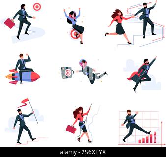 Équipe commerciale. Succès les gestionnaires de carrière ensemble se déplaçant vers les cibles d'affaires escalier à objectifs crient d'illustrations d'affaires vectorielles dans un style plat. Équipe de carrière de succès, travail d'équipe d'homme d'affaires. Équipe commerciale. Succès les gestionnaires de carrière ensemble se déplaçant vers les cibles d'affaires escalier à objectifs crient d'illustrations d'affaires vectorielles dans un style plat Illustration de Vecteur
