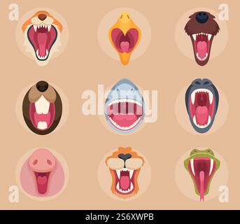 Bouche d'animaux. Dents et langue des animaux sauvages en colère serpents mignon ours cheval loup singe modèles exacts de dessin animé vectoriel. Illustration des dents et de la langue des animaux, visage de bête en colère. Bouche d'animaux. Dents et langue des animaux sauvages en colère serpents mignon ours cheval loup singe modèles exacts de dessin animé vectoriel Illustration de Vecteur