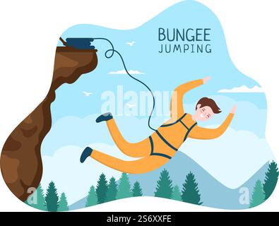 Saut à l'élastique des personnes attachées avec un corde élastique tombant après un saut à partir d'une hauteur dans le dessin animé de sport extrême Illustration de Vecteur