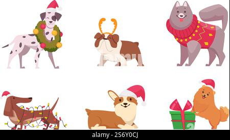 Chiens de Noël. Animaux domestiques drôles chiot dans le pull et l'écharpe se préparant aux vêtements d'hiver de vacances du nouvel an pour les personnages de dessins animés vectoriels de chiens. Illustration de chien en costume de noël de dessin animé. Chiens de Noël. Animaux domestiques drôles chiot dans le pull et l'écharpe se préparant aux vêtements d'hiver de vacances du nouvel an pour les chiens personnages exacts de dessin animé vectoriel Illustration de Vecteur