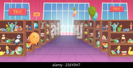 Jouets pour enfants. Étagères dans l'intérieur du magasin de jeu différents jouets pour les enfants heureux les robots de dinosaures transportent et les animaux mous le vecteur exact fond coloré dans le dessin animé. Illustration de l'étagère de jouets pour enfants. Jouets pour enfants. Étagères dans l'intérieur du magasin de jeu différents jouets pour les dinosaures heureux enfants robots transport de briques et animaux mous fond coloré exact vecteur dans le style de bande dessinée Illustration de Vecteur