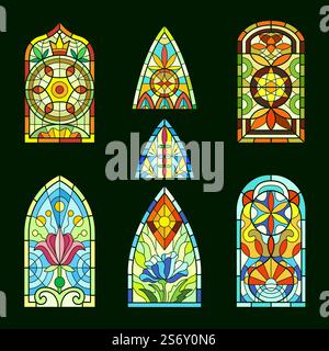 Vitraux. Église cathédrale décorative cadre de fenêtres colorées transparentes avec des verres de pièce beaux objets architecturaux sacramentels médiévaux illustration de modèles vectoriels récents. Vitraux. Église cathédrale décorative transparent cadre de fenêtres colorées avec des verres de pièce belle architecture sacramentelle médiévale Illustration de Vecteur