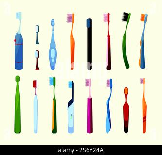Brosses à dents colorées. Équipement d'hygiène bucco-dentaire protection nettoyage des dents brosses électriques Garish Vector illustrations Set. Collection de brosse à dents pour l'hygiène dentaire. Brosses à dents colorées. Équipement d'hygiène bucco-dentaire protection nettoyage des dents brosses électriques Garish Vector illustrations Set Illustration de Vecteur