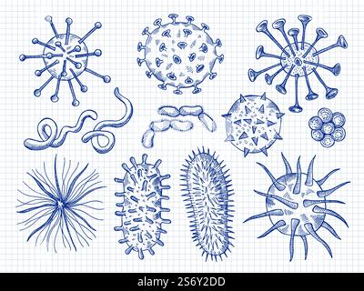 Croquis virus. Bactéries COVID microbiologie cellule danger maladie biologique signe des illustrations vectorielles récentes dessinées à la main. Virus bactérien et bactérie grippale. Croquis virus. Bactéries COVID microbiologie cellule danger maladie biologique signe des illustrations vectorielles récentes dessinées à la main Illustration de Vecteur