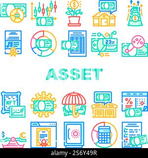 vecteur d'ensemble d'icônes d'affaires numériques de gestion d'actifs. technologie financière, données financières argent, fonds d'investissement, système patrimonial gestion des actifs entreprise illustrations numériques de ligne de couleur. vecteur d'ensemble d'icônes d'affaires numériques de gestion d'actifs Illustration de Vecteur