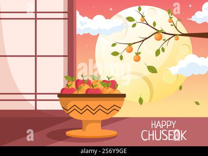 Bonne journée de Chuseok en Corée pour Thanksgiving avec texte de calligraphie, pleine lune et paysage de ciel dans l'illustration de dessin animé plat Illustration de Vecteur