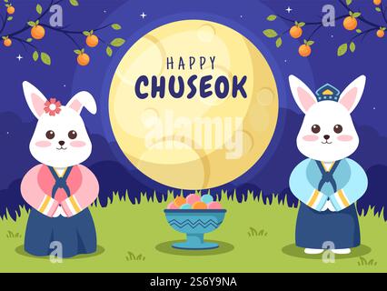 Bonne journée de Chuseok en Corée pour Thanksgiving avec le joli personnage de lapin dans Hanbok traditionnel, pleine lune et paysage de ciel dans l'illustration de dessin animé plat Illustration de Vecteur