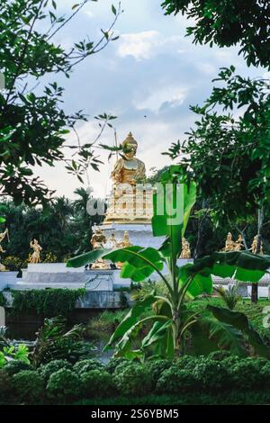 Une superbe statue de Bouddha dorée entourée de petites sculptures dorées, encadrée par un feuillage vert luxuriant et un jardin serein. Banque D'Images