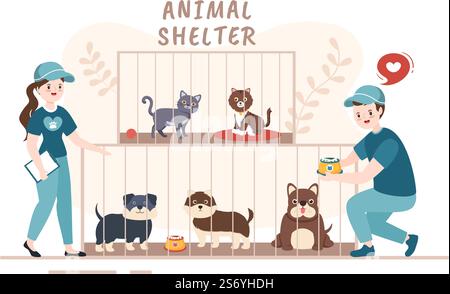 Illustration du dessin animé d'un abri pour animaux avec des animaux assis dans des cages et des volontaires nourrissant des animaux pour adopter le dessin de style main plate Illustration de Vecteur