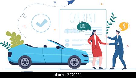 Location de voiture, réservation et partage à l'aide de l'application mobile de service avec itinéraire ou emplacement des points dans l'illustration à plat du dessin animé à la main Illustration de Vecteur