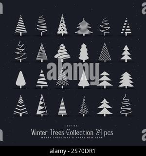 20 différentes salutations vectorielles d'ensemble de conception d'arbre de noël. ensemble de 20 motifs sapins de noël différents Illustration de Vecteur